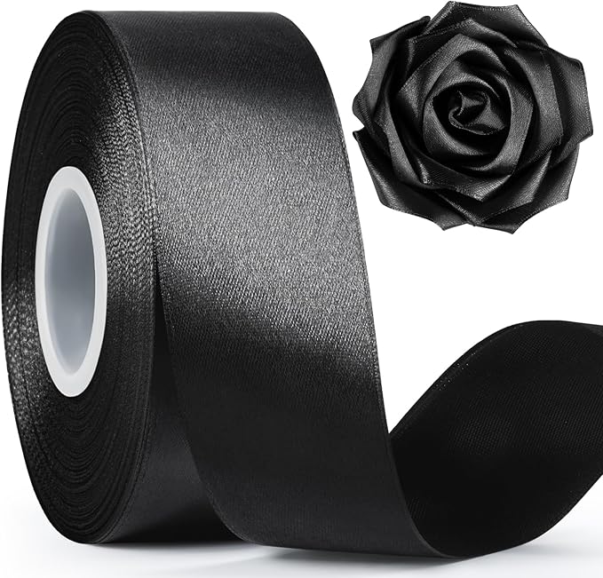 1-1/2 Inch Wide Black Satin Ribbon, 50 Yards Solid Polyester Fabric Ribbon for Roses Making, Gift Wrapping, Christmas, Wedding Decorations, Crafts, Bows