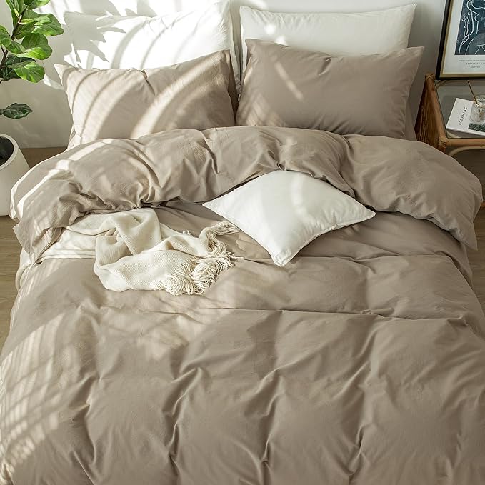 MooMee Bedding Duvet Cover Set 100% Washed Cotton Linen Like Textured Breathable Durable Soft Comfy (Solid Mocha Brown, Super King Plus 120"x120")