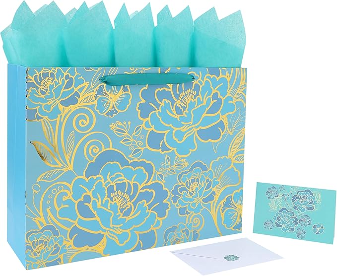 16.5” Extra Large Rose Green Gift Bag Set with Handles, Greeting Card, Tissue Papers and Stickers for Women Girls for Birthday, Wedding, Valentine's Day and Mother’s Day, Foil Traced Flowers Design, 1 Pcs
