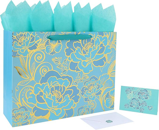 16.5” Extra Large Rose Green Gift Bag Set with Handles, Greeting Card, Tissue Papers and Stickers for Women Girls for Birthday, Wedding, Valentine's Day and Mother’s Day, Foil Traced Flowers Design, 1 Pcs