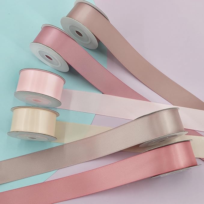 Double-Face Pink Satin Ribbon for Gift Wrapping, Wedding, Baby Shower, Mother's Day & More - 1" X 5 Yard Each, Total 30 Yds Per Package