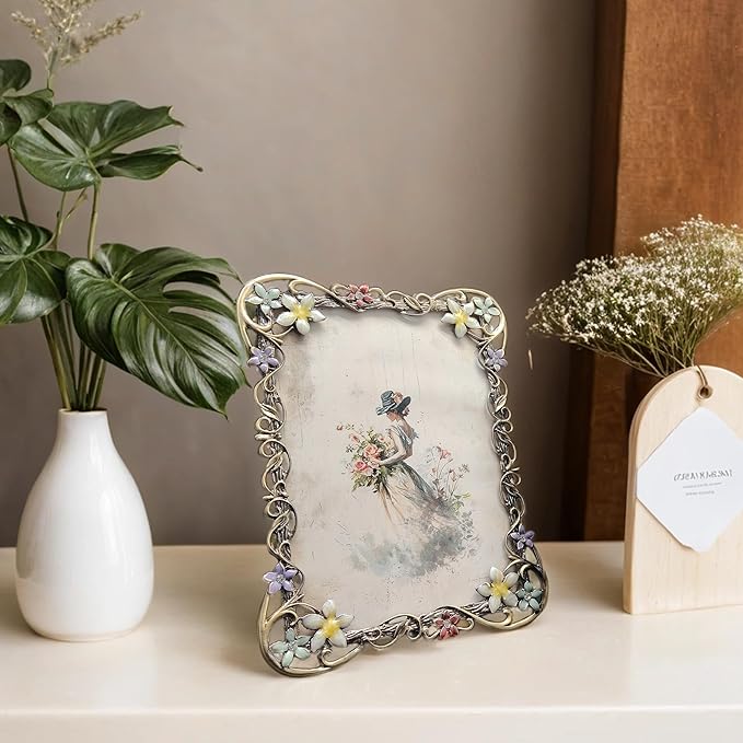 Vintage 4X6 Floral Picture Frames Luxury Unique Ornate Antique Metal Photo Frame of HD Glass for Tabletop/Wall Display Gifts for Women (Retro Colored Flowers)