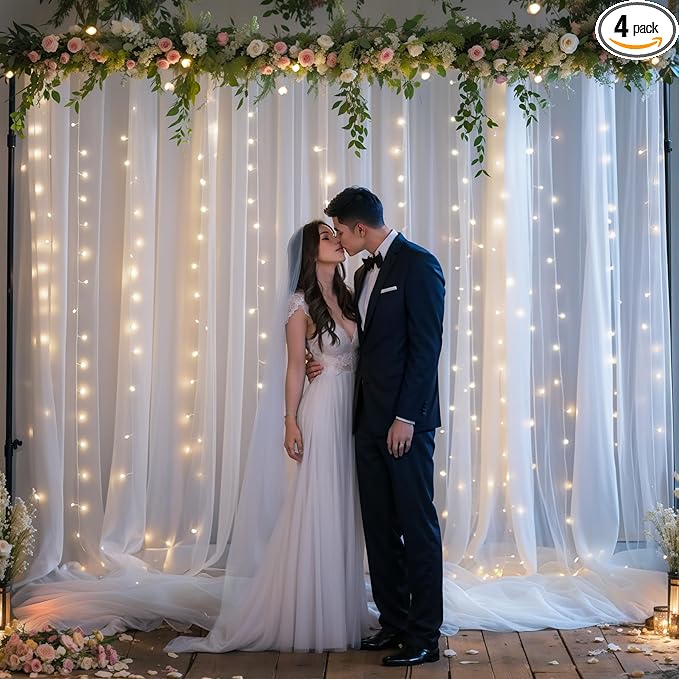 gogoparti 20x8ft White Tulle Backdrop Curtains with Lights for Party Wedding Baby Shower, Sheer Drape Backdrop Curtains for Birthday Party Photo Booth Background Decoration