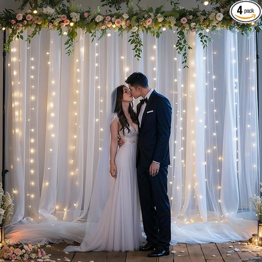 gogoparti 20x8ft White Tulle Backdrop Curtains with Lights for Party Wedding Baby Shower, Sheer Drape Backdrop Curtains for Birthday Party Photo Booth Background Decoration