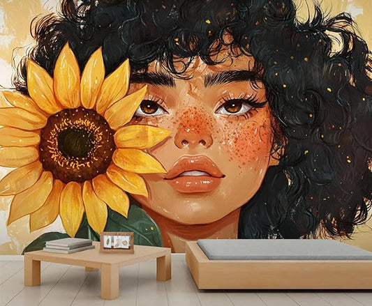 Sunflower Woman Art Wall Mural, Curly Hair Girl with Sunflower 3D Wall Murals, Modern Portrait and Flower Wallpaper Mural, for Living Room Bedroom Large Wallpaper Indoor Decor 169.3" W x118.2 H