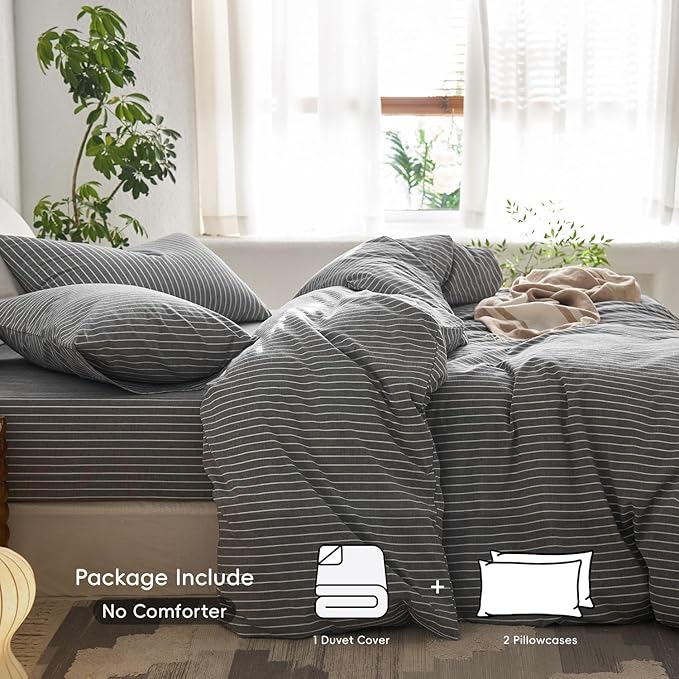 MooMee Striped Duvet Cover Set 100% Washed Cotton Linen Like Textured Breathable Durable Soft Comfy (Dark Grey White Wide Stripes, Cal King 104"x98")