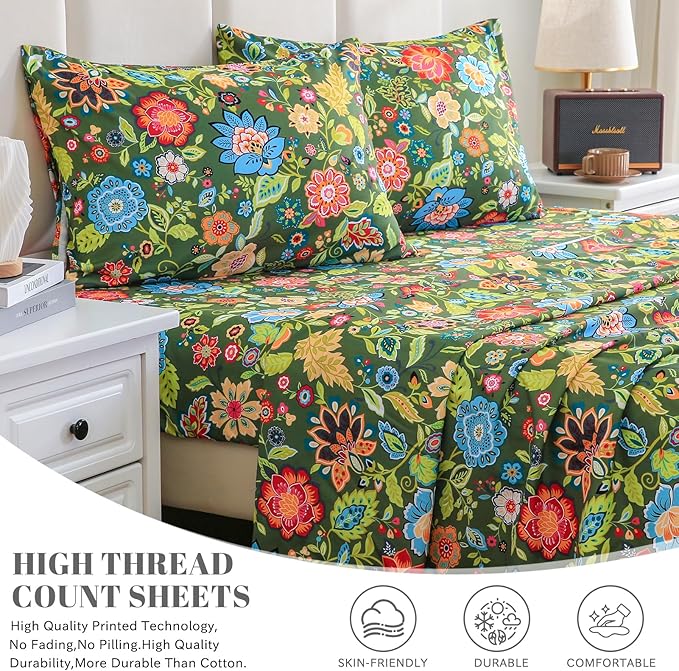 Bedlifes Full Sheet Set Ultra Soft, Breathable, Silky Flower Deep Pocket 100% Microfiber Bedding, 4 Piece Full Size with Floral Dark Green