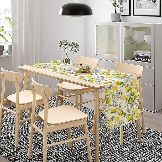 Lemon Table Runner , Summer Yellow Fruits Green Leaves Kitchen Dinning Table Decoration for Indoor Outdoor Home Party Decor 13"x120"