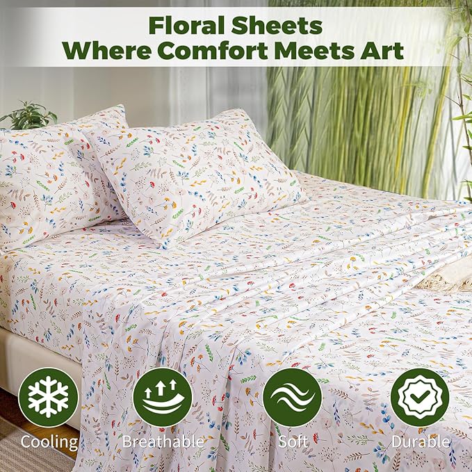 Bedlifes Twin Floral 3-Piece Sheet Set - Cooling Sheets Blend Rayon Derived from Bamboo,Soft & Breathable, Deep Pocket 16", Wrinkle Resistant - Vibrant Boho Floral Design