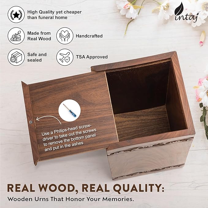 INTAJ Wooden Tree of Life Cremation Urns for Human Ashes – Memorial Urn Box and Casket for Adult Male, Female, Child, or Pets (Cat/Dog) – Burial Funeral Urn Holds Up to 180 Cubic Inches of Ashes