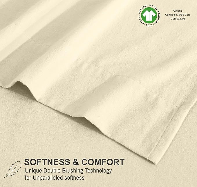 RUVANTI Flannel Sheets King Size - GOTS Certified 100% Organic Cotton, 4 Piece Warm, Soft & Breathable Set, Deep Pocket Snug Fit, Double Brushed Cozy All Season Bedding, Winter White