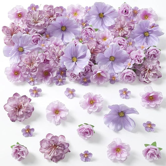 210Pcs Mini Fake Flower Heads Purple Small Silk Faux Flower Heads Artificial Rose Daisy Multicolor Flowers Bulk for Cake Crafts DIY Graduation Cap Wedding Hair Dresses Wreath Party Home Decor