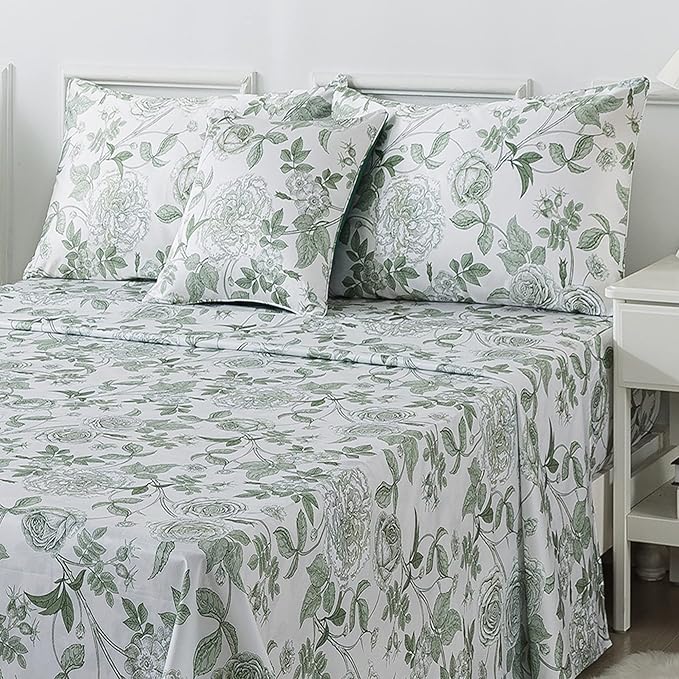FADFAY Sheets Set Twin XL Vintage White and Green Floral Bedding Elegant Peony Sheets Shabby Rose Farmhouse Bedding 100% Egyptian Cotton 800 Thread Count Deep Pocket Fitted Sheet 4Pcs, Twin XL Size