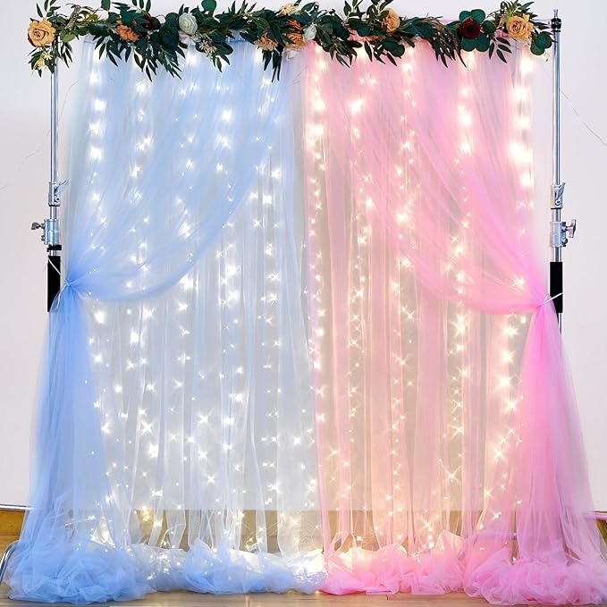 10ft x 8ft Pink Blue Tulle Photo Backdrop Curtain with Lights String for Gender Reveal Sheer Curtain Back Drop Baby Shower Backdrop for Boy or Girls Birthday Party Photo Booth Background Decorations