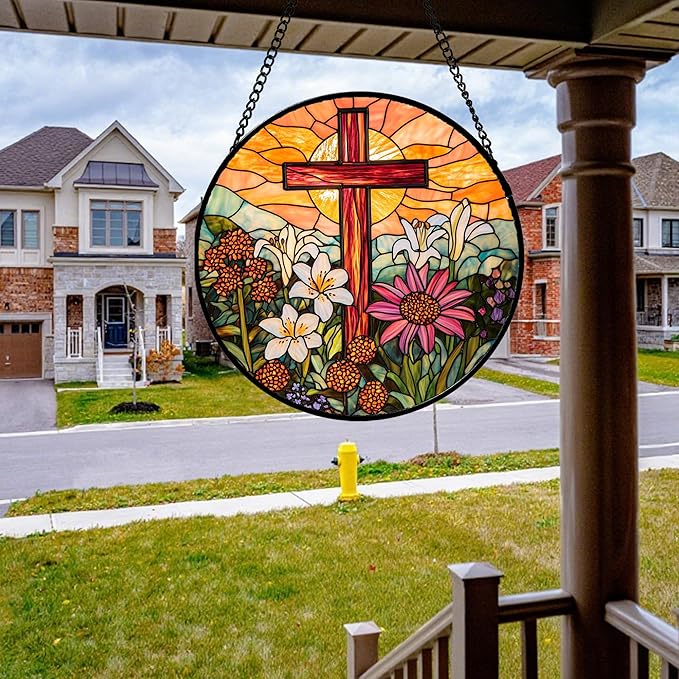 Christian Gifts for Women - Cross Stained Glass Window Hanging Easter Flower Sunset Landscape Sun Catcher Garden Religion Decor Mother's Day Catholic Gift for Men Grandma Mom Her Nana 9.8"