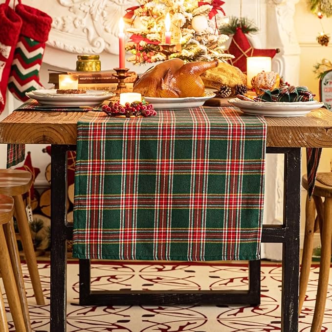 Green Red Plaid Christmas Table Runner, Winter Holiday Table Runners 36 inches Long, Xmas Decorations Indoor Outdoor Farmhouse Home Kitchen Dining Party Decor