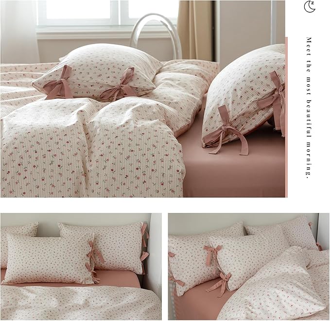 AOJIM Floral Print Bedding Duvet Cover Full Size, Soft Cotton Comforter Cover Set 3pcs for All Seasons, 1 Skin-friendly Duvet Cover 80x90'' with Zipper Closure and 2 Pillowcases with Bowknot, No Duvet