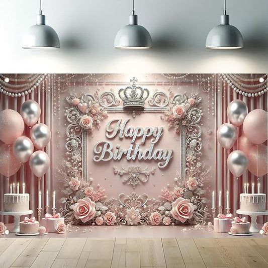 Starlit Patio Elegant Pink Happy Birthday Banner Backdrop Princess Girls Party Decorations Photography Backgrounds Crown Roses Balloons Cake Table Photo Booth Props 71 x 43 inch