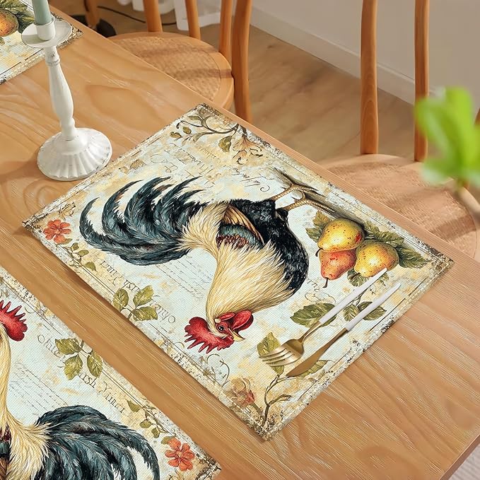 Farmhouse Rooster Placemats Set of 6, Rustic Chicken Place Mats, Pear Dining Table Mats, Washable Placemats for Kitchen Dining Room Home Decor 18L'' × 12W''