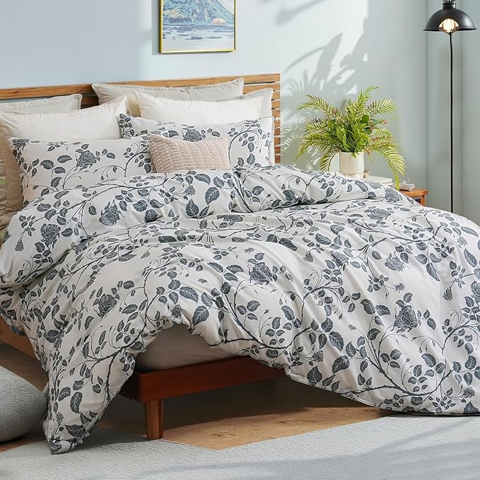 Bedding_Dreamer Comforter Set King Size Botanical Leaf Comforters 100% Cotton Comforter Blue Floral Bedding Sets Soft Breathable 3 Pcs