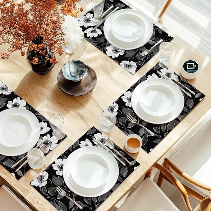 Cotton Linen Waterproof Placemats Set of 4, Floral Black Dining Mat Table Mats Decor Fabric for Kitchen Dinner Coffee Shop Table, Indoor/Outdoor Washable Wipeable Placemat -N036