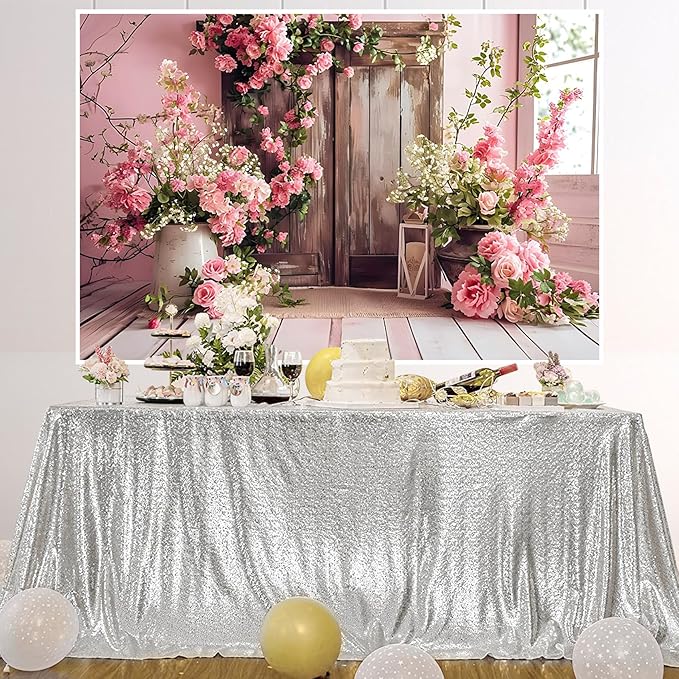 AOTOFO 7x5ft Rustic Wood Floral Backdrop for Baby Shower Newborn Studio Picture Photography Wooden Door Pink Flower Wall Background Wedding Bridal Shower Birthday Party Photoshoot Booth Banner