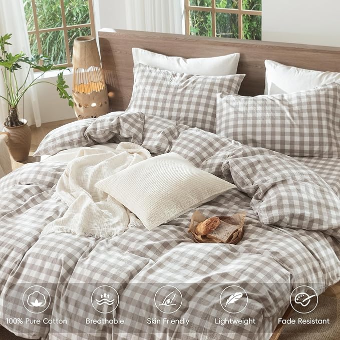 MooMee Gingham Duvet Cover Set 100% Washed Cotton Linen Like Textured Breathable Durable Soft Comfy Modern Checkered Design (Buffalo Plaid Tannish Linen Grey, King 104"x90")