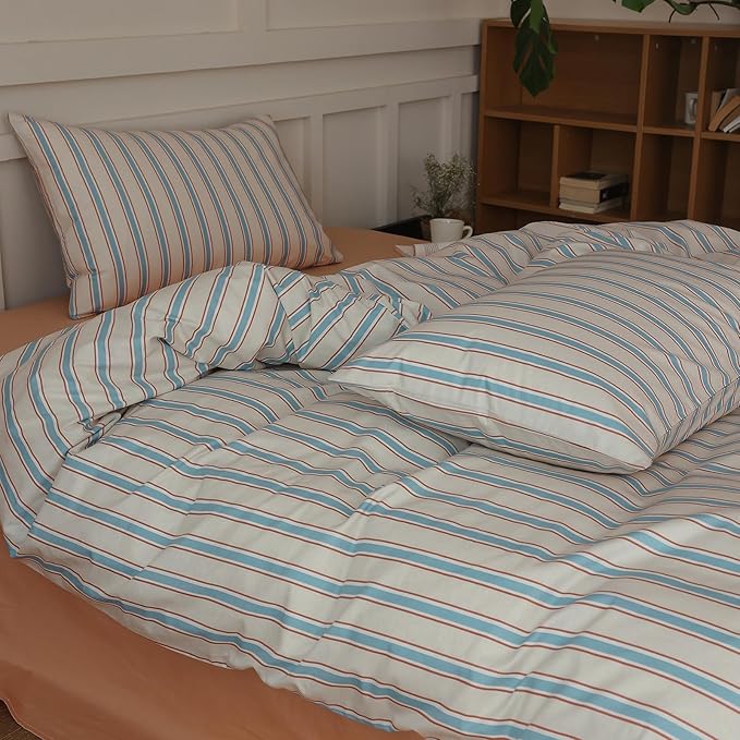 LifeTB Striped Comforter Set Queen Size, Fluffy Soft Blue Brown Stripes Pattern Printed Bedding Set, 3 Pieces Lightweight Bedding Comforter Set, Breathable Striped Bed Comforter with 2 Pillowcases