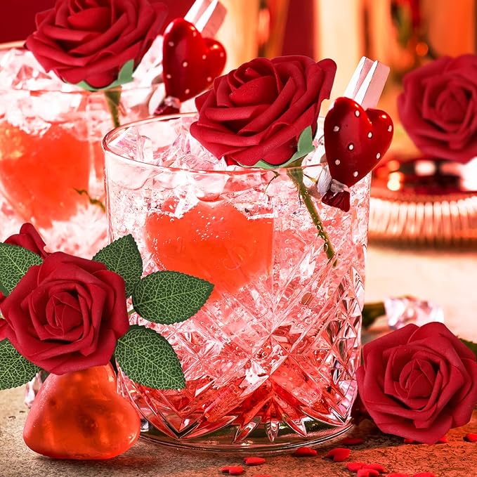 AmyHomie Artificial Flower Dark Red Rose 100pcs Real Looking Fake Roses w/Stem for DIY Wedding Bouquets Centerpieces Arrangements Party Baby Shower Valentines Day Christmas Tree Decorations