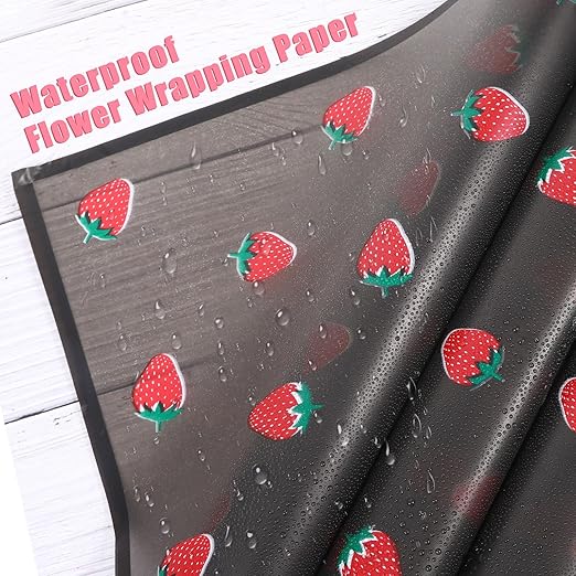 20 Sheets Bouquet Wrapping Paper, 22.4Inch Black Strawberry Pattern Flower Floral Wrapping Paper Black Floral Paper for Bouquets Kit, Waterproof Decorations with Ribbon for DIY Crafts Wedding Birthday Party