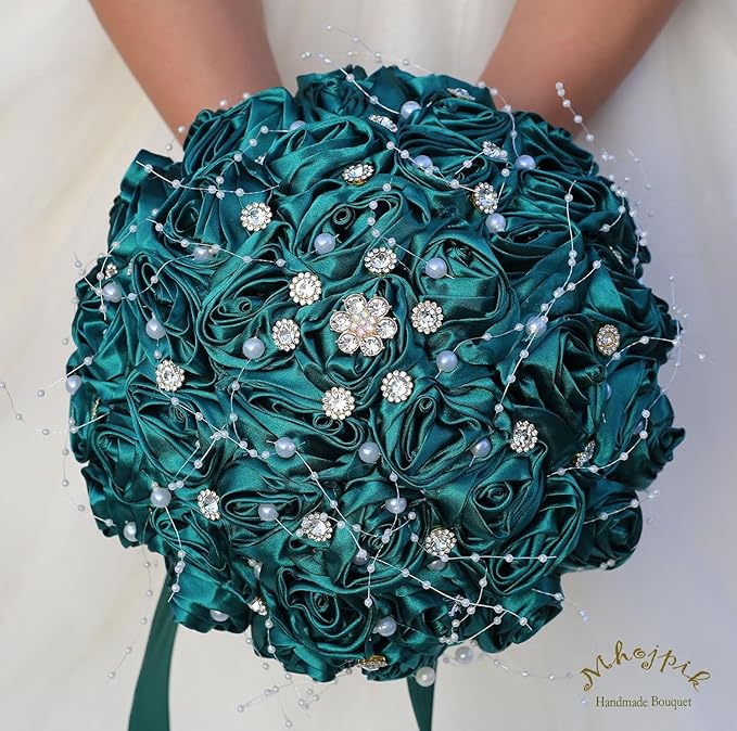 Bridal Wedding Bouquet Round Bling Brooch Bouquet Throw Toss Artificial Rose Flower Bunch for Bride Bridesmaid Wedding Quinceanera(Dark Green, 6.3")