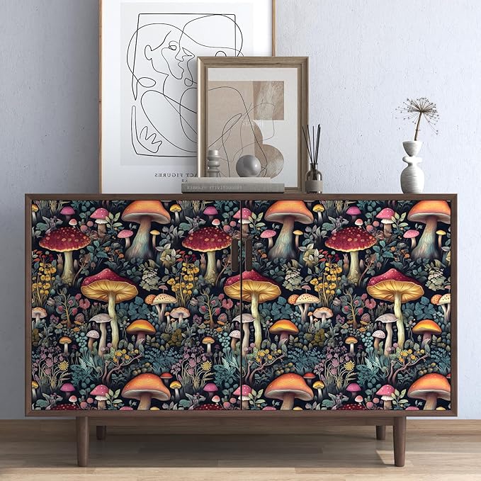Black Colorful Mushroom Contact Paper Floral Wallpaper Peel and Stick Vintage Wall Paper for Backsplash Kitchen Cabinet Removable Waterproof 17.5 x 118In