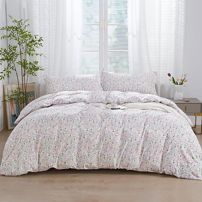 SAPHREAS King Size Pink Iris Floral Duvet Cover Botanical Floral Leaves Pattern Comforter Set Cute Bear Duvet Cover Lightweight Soft Microfiber 3pcs 1 Duvet Cover 2 Pillow Shams