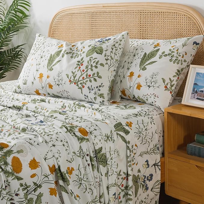 Zusbest King Size Sheets 100% Percale Cotton Green Floral Bed Sheet Set Yellow Flower & Green Leaves Botanical Pattern Printed on White Garden Luxury Crisp Soft Deep Pocket Fitted Sheet 17.5'' 4Pcs