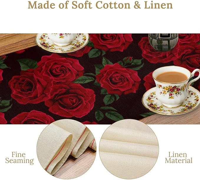 Red Rose Table Runner,Romantic Spring Summer Seasonal Table Runner for Indoor Outdoor Holiday Home Wedding Party 13x70 Inch
