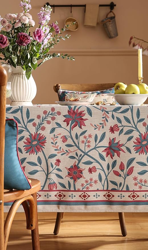 Designer Linen Rectangle Tablecloth,Vintage William Morris Wrinkle Resistant Floral Table Cloth,Decor Table Cover for Kitchen,Dining,Thanksgiving,Christmas,Party,63"*87"-Dorodango B