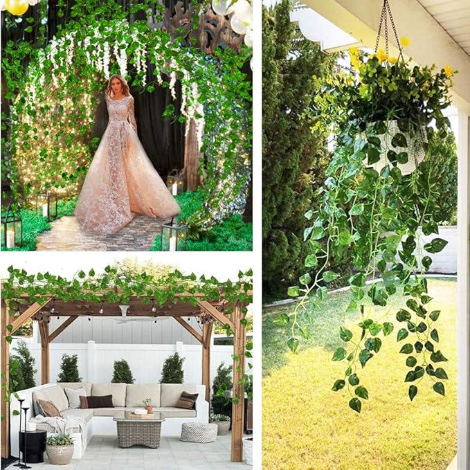 168 feet Artificial Vines Greenery Garland Fake Hanging Leaves Faux Foliage Plants for Wedding Party Garden Home Kitchen Office Wall Decorations (Scindapsus/24 Strands)