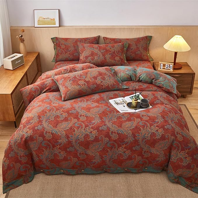 EAVD Vintage Boho Jacquard Floral Duvet Cover Queen Soft 100% Cotton Muslin Yarn-Dyed Textured Bedding Set with 2 Pillowcases Boho Floral Comforter Cover with Button Closure