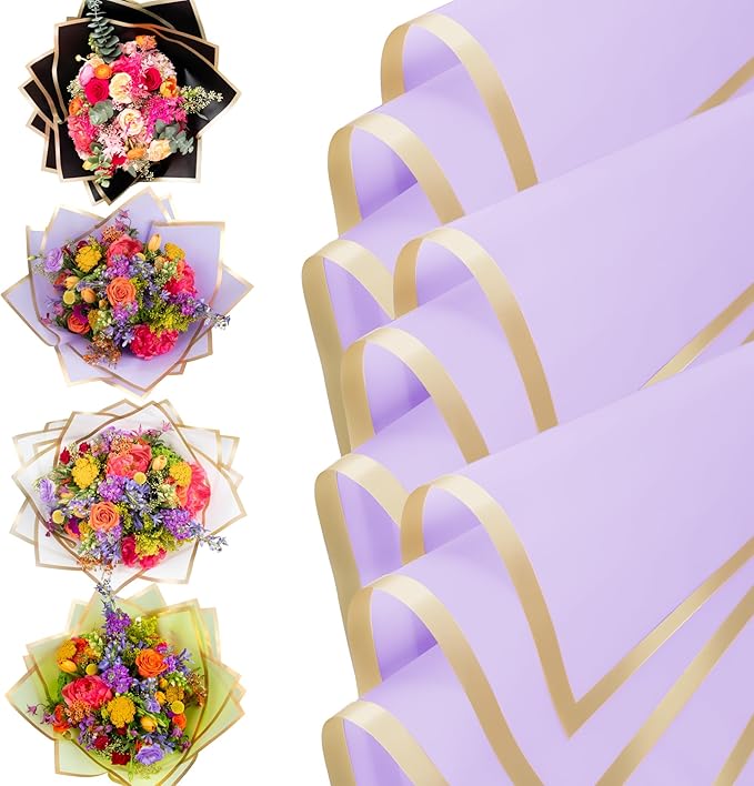 the florist Supply 20 Sheets Premium Flower Wrapping Paper | Waterproof Flower Wrapping Paper for Bouquets | Double Sided Floral Bouquet Sheets | DIY Gifts Borderline Lavender/Gold