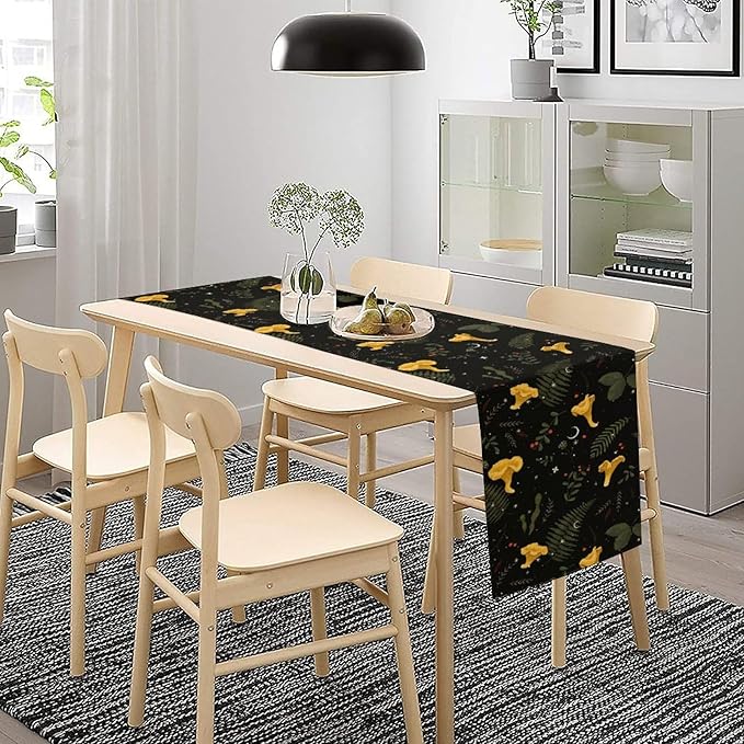 Magical Forest Table Runner, Rustic Country Wild Yellow Mushrooms Plants Botanical Herbs Print Table Runner for Holiday Farmhouse Kitchen Dining Table Decor, 13x90inch