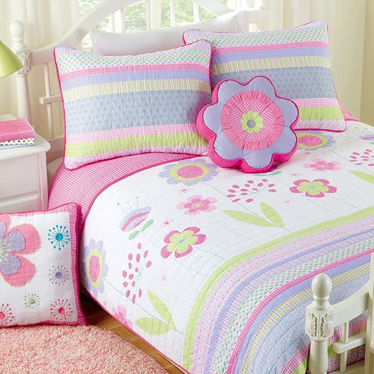 Cozy Line Home Fashions Pink Lavender Green Floral Print Girl 100% Cotton Reversible Quilt Bedding Set, Coverlet, Bedspread (Blossom, Twin - 2 Piece)
