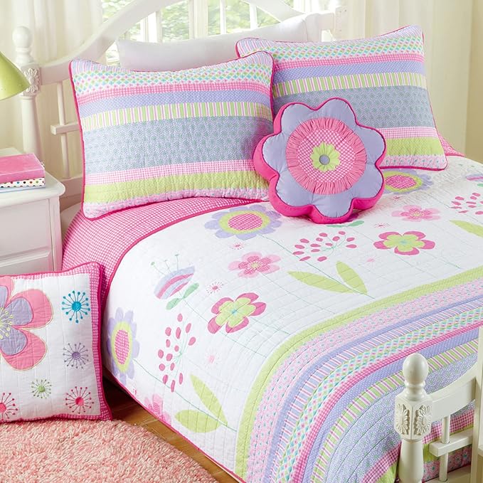 Cozy Line Home Fashions Pink Lavender Green Floral Print Girl 100% Cotton Reversible Quilt Bedding Set, Coverlet, Bedspread (Blossom, Queen - 6 Piece)