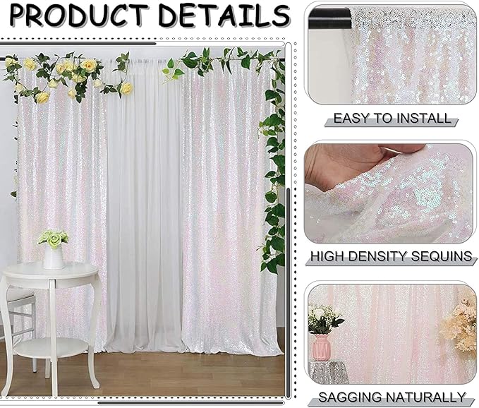 Iridescent White Sequin Backdrop Curtains Glitter Drapes 2FTx8FT 2 Panels for Wedding Birthday Party Decorations Bridal Baby Shower Party Supplies Sparkly Photography Background