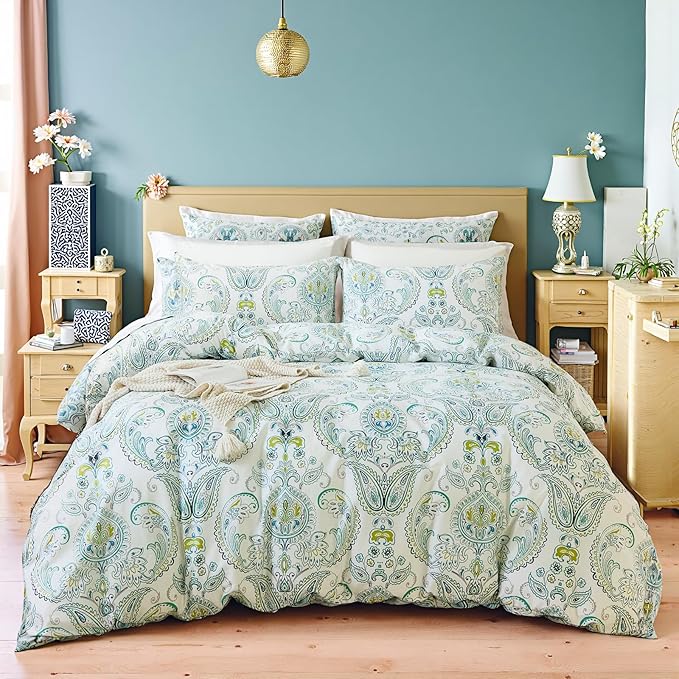 100% Cotton Floral Duvet Cover King - Green Paisley Comforter Cover 3-PC, Soft & Breathable Bedding Duvet Cover Sets with Zipper Closure & Corner Ties, Retro Duvet Cover Sets