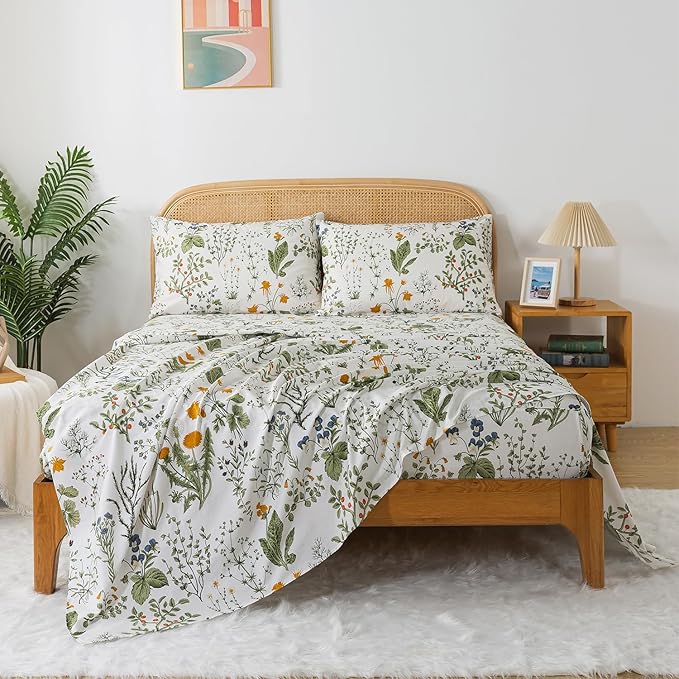 Zusbest King Size Sheets 100% Percale Cotton Green Floral Bed Sheet Set Yellow Flower & Green Leaves Botanical Pattern Printed on White Garden Luxury Crisp Soft Deep Pocket Fitted Sheet 17.5'' 4Pcs