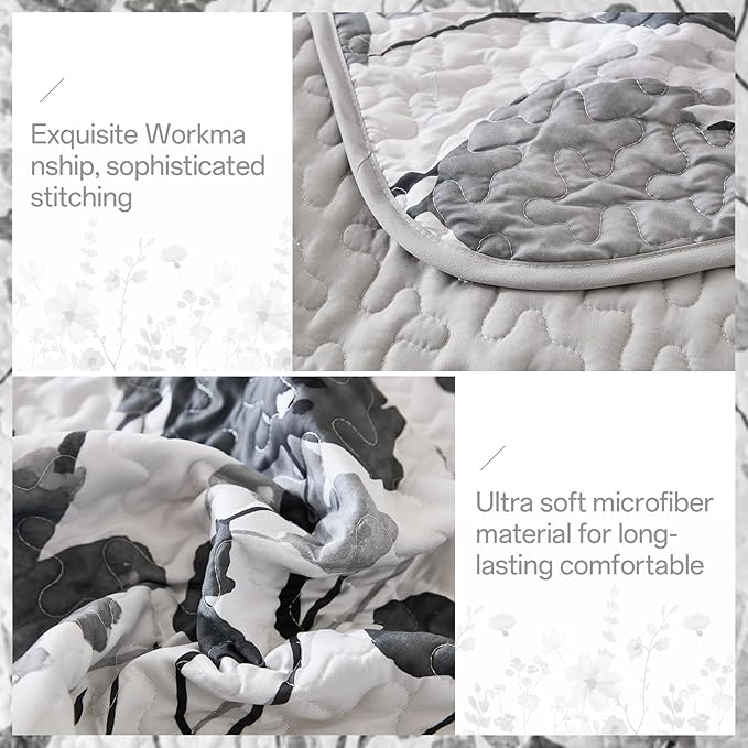 Anibedding Grey Quilt Set Queen, Floral Bedspread Soft Microfiber Lightweight Queen Size Quilt Bedding Sets Flower Coverlet for All Season(Queen, 96"x90")