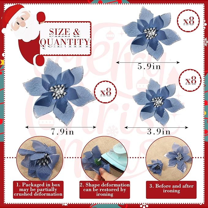 WILLBOND 24 Pcs 3 Size Poinsettia Flower Artificial Christmas Decor Glitter Poinsettia Christmas Ornaments Faux Flowers for Xmas Tree Outdoor(4/6/7.9 Inches,Dusty Blue)