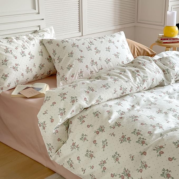 AOJIM Aesthetic Floral Pattern Duvet Cover Set for Kids and Adults, 100% Cotton Skin-Friendly Comforter Cover Set 3pcs, 1 Super Soft Quilt Cover King Size and 2 Matching Pillowcases for Room Decor