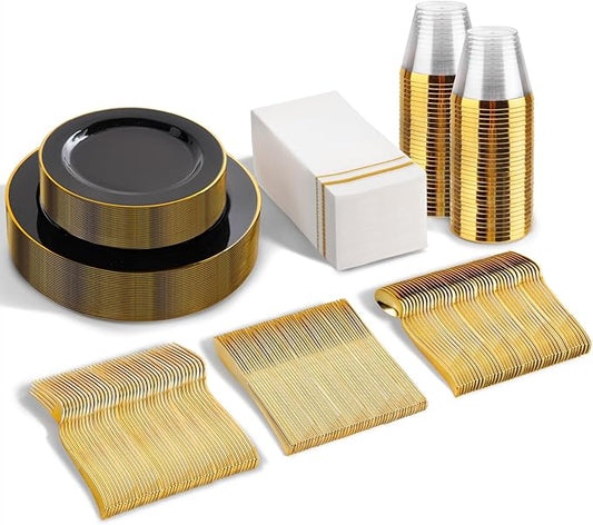 SUT 175 Piece Black and Glod Plastic Dinnerware Set for 25 Guests, Disposable Plastic Plates, Include: 25 Dinner Plates, 25 Dessert Plates, 25 Pre Rolled Napkins with Silver Silverware, 25 Cups