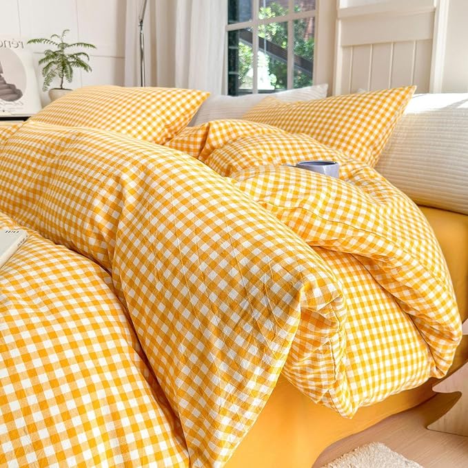 LifeTB Twin XL Comforter Set 3 Pieces Yellow Gingham Comforter Set Geometric Checkered Plaid Printed Bedding Comforter for All Seasons Fluffy Soft Lightweight Gingham Plaid Bedding Set Twin XL